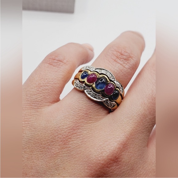 Genuine Oval Blue & Pink Cabochon Sapphire 14k gold / 925 Sterling Silver Ring - Picture 4 of 8